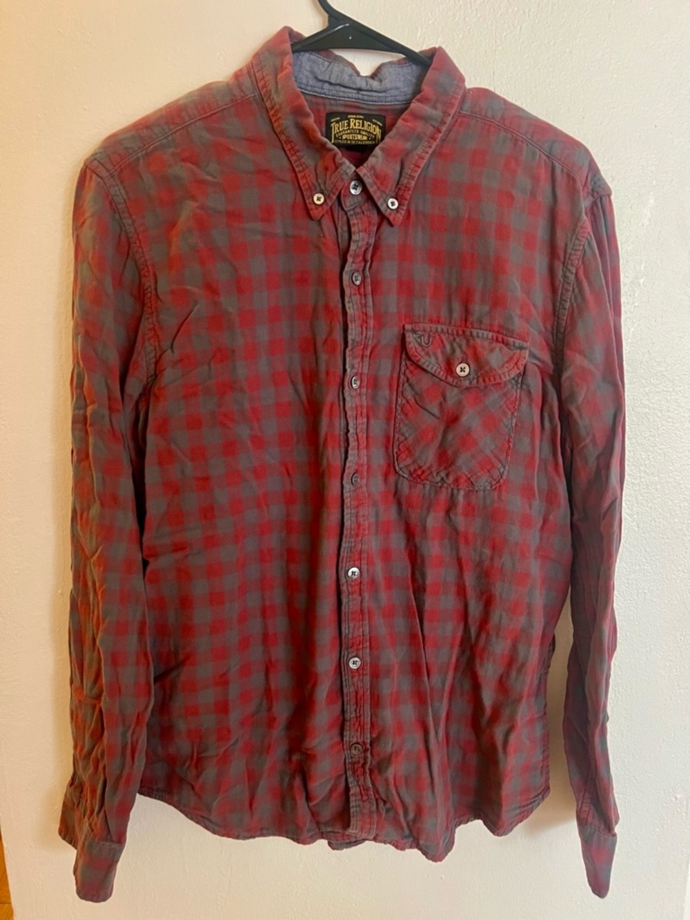 True Religion Men’s Red Plaid Button-Down Shirt